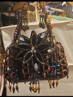 Embellished Black Beaded Floral Evening Clutch